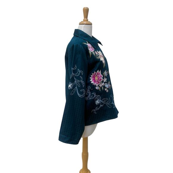Alex Kim Shirt Jacket Sz PL Blue Floral Embroidered Button Up Boho Western Artsy - Picture 8 of 10